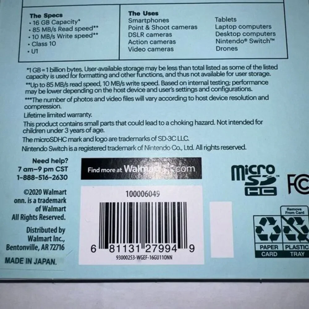 ONN.‎ 16GB Class 10 U1 MicroSDHC Flash Memory Card with Adapter